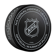 Black hockey puck with NHL logo and text on a white background