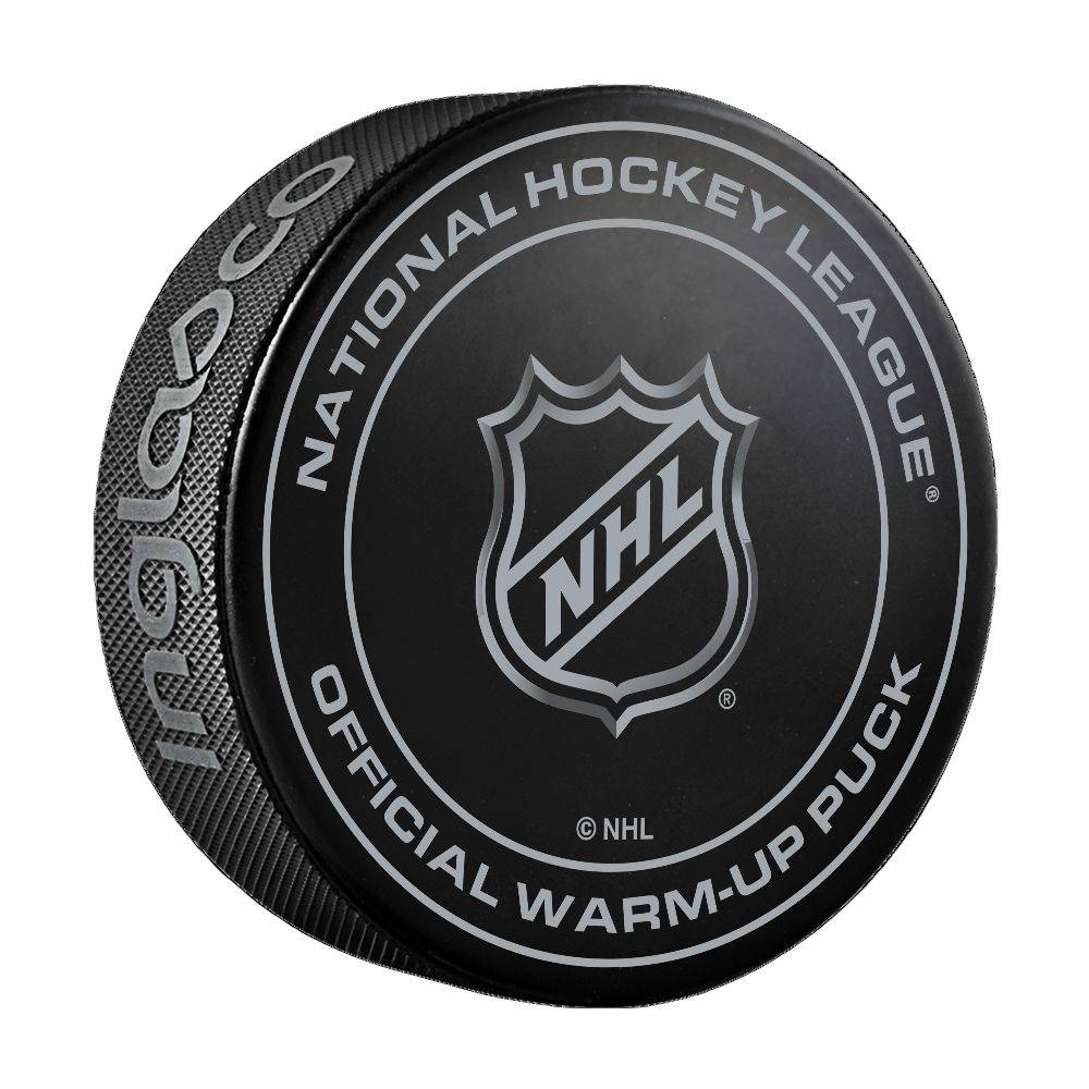 Black hockey puck with NHL logo and text on a white background