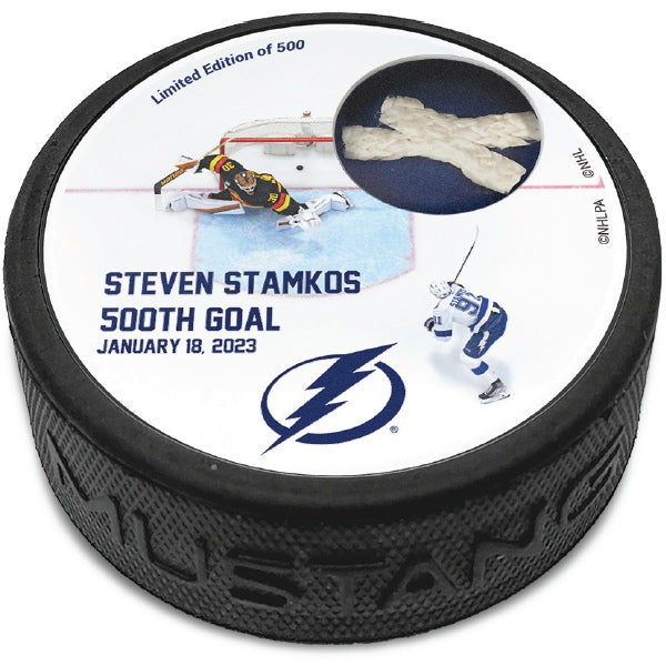Steven Stamkos 500 Career Goals LImited Edition Puck with Game-used Goal Net
