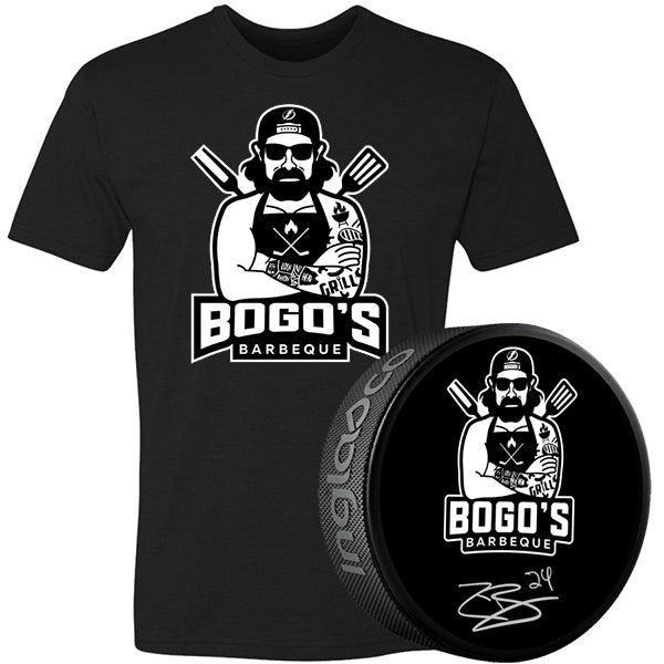 PRE-ORDER: Tampa Bay Lightning BOGO'S BBQ Autographed Puck & T-shirt Combo Pack