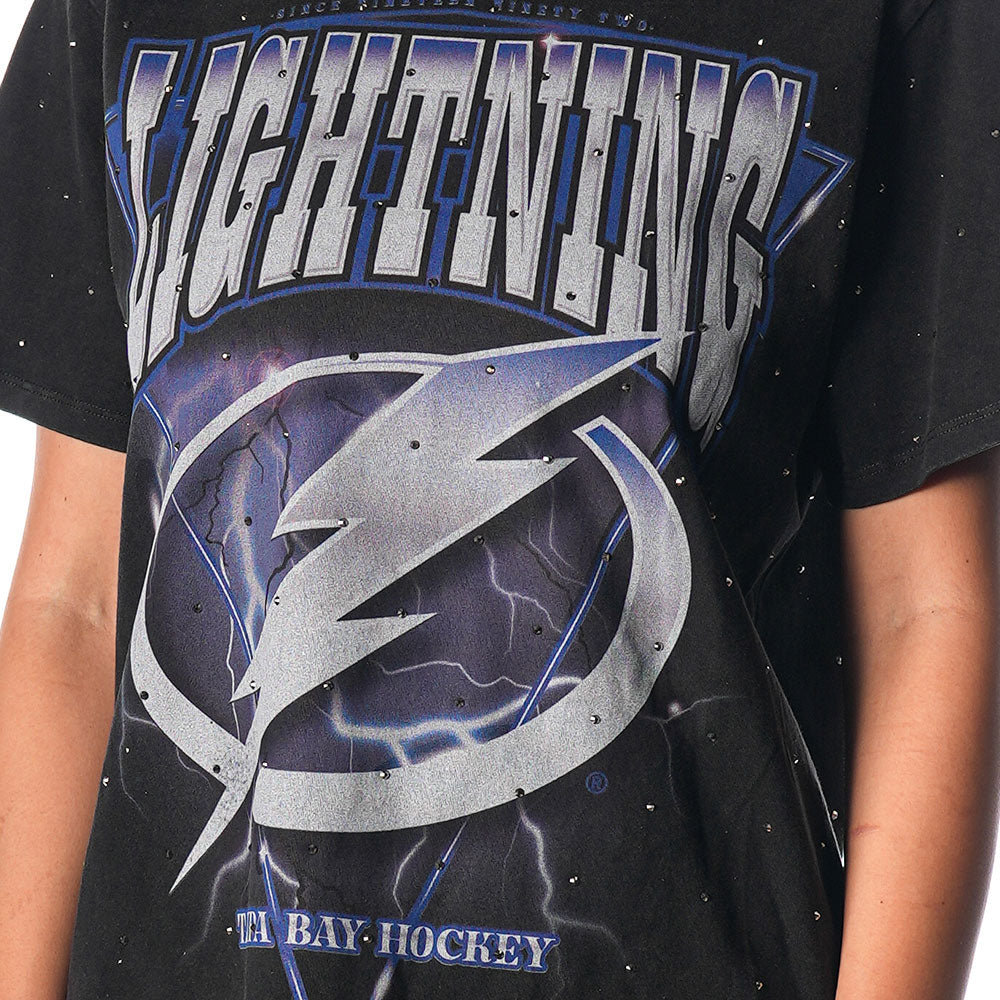SYD AND MALLORY★SHEER LIGHTNING TEE Women's Tampa Bay Lightning The Wild Collective Rhinestone Cotton Jers