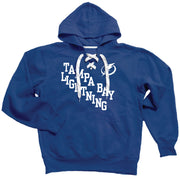 Blue hoodie with white text and logo on a white background