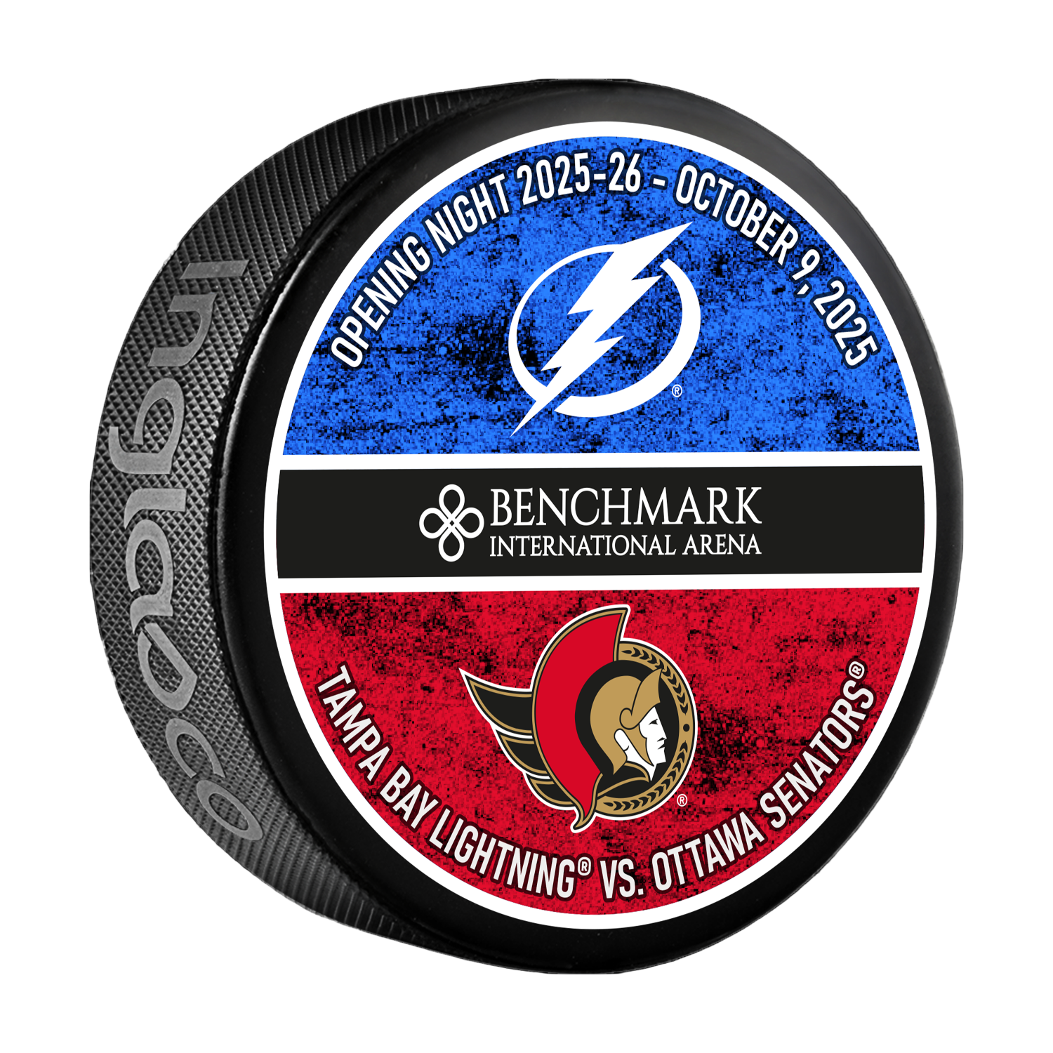 Hockey puck with Tampa Bay Lightning and Ottawa Senators logos and event details.
