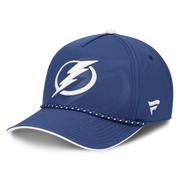 Blue cap with a white logo on a white background