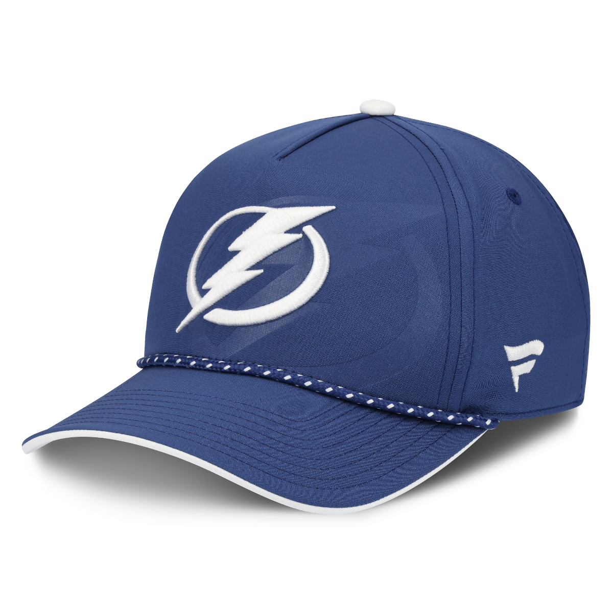 Blue cap with a white logo on a white background