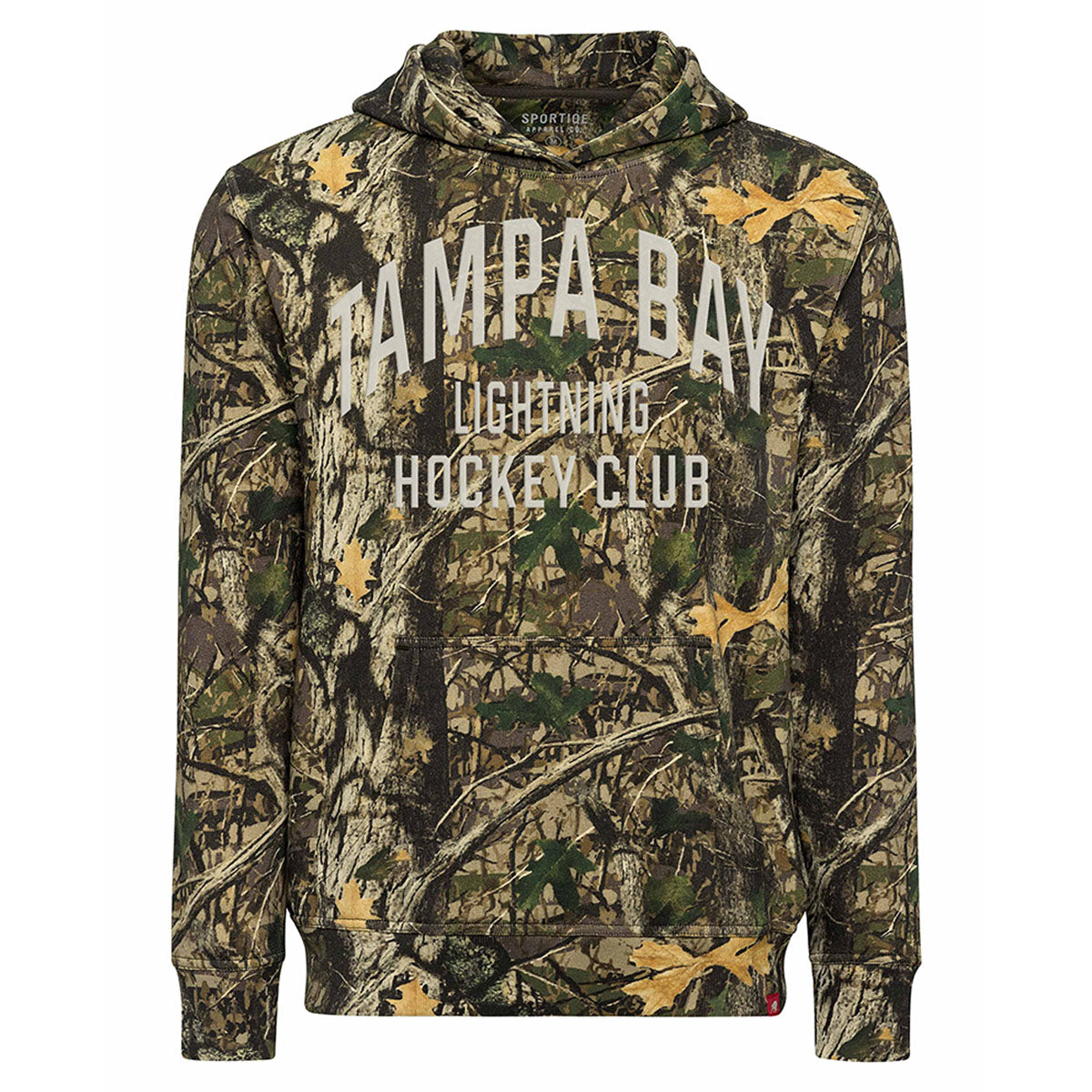 A camouflage pullover hoodie featuring a woodland tree-bark and leaf pattern in shades of brown, green, and beige, with 'TAMPA BAY LIGHTNING HOCKEY CLUB' printed in white across the chest.