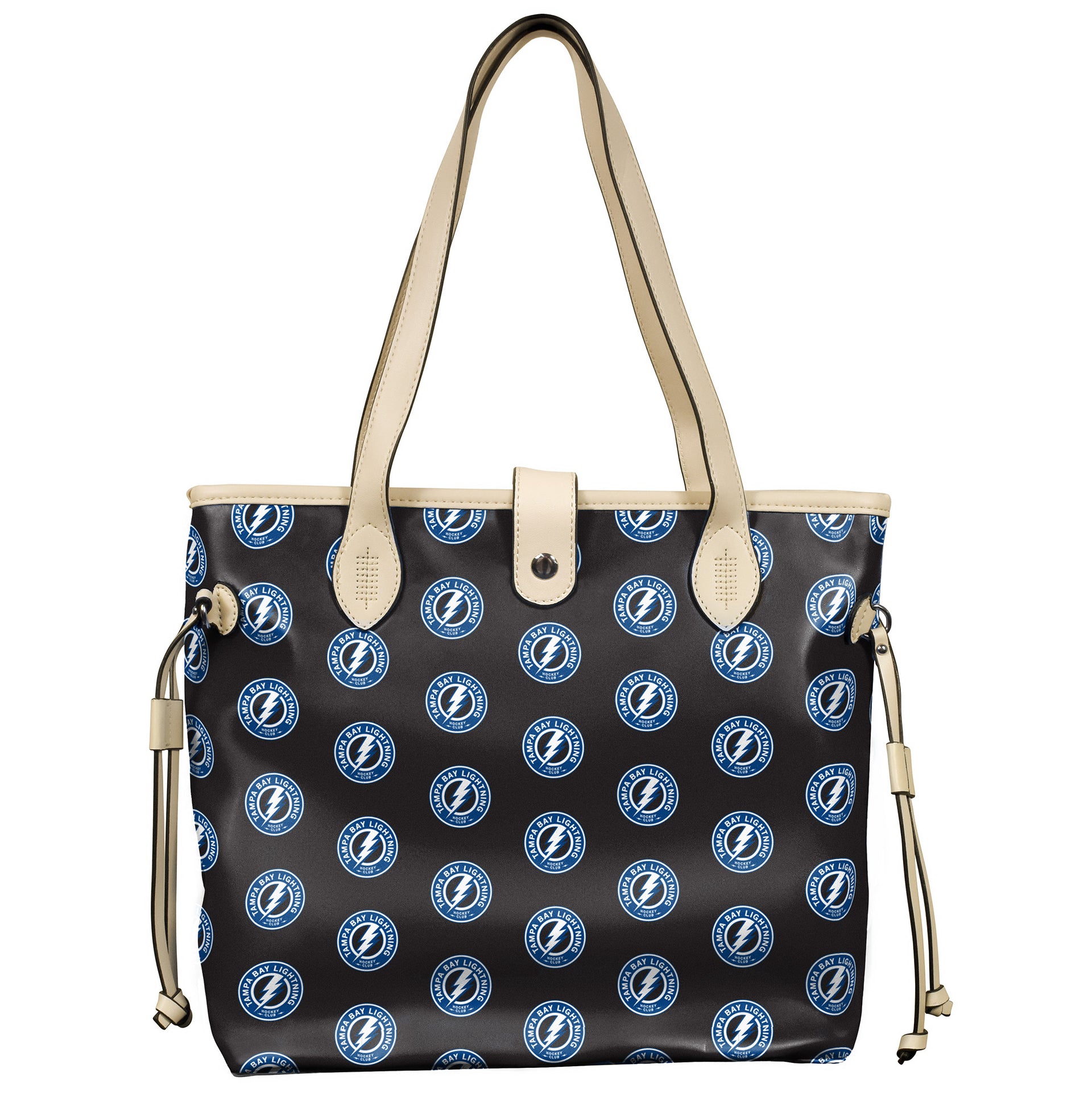 Black handbag with blue logo pattern on a white background