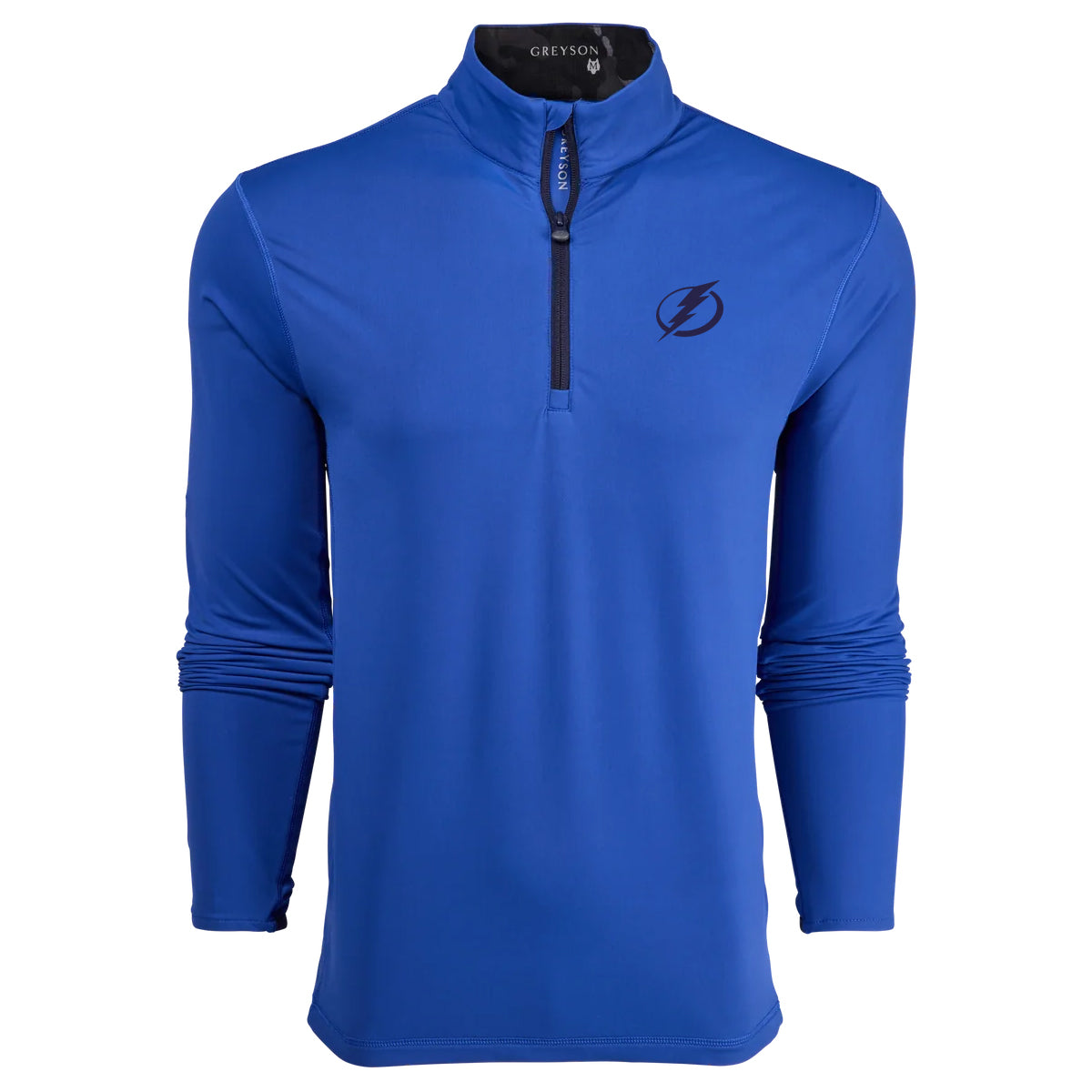 A royal blue long-sleeve quarter-zip athletic pullover with a black zipper and a black Tampa Bay Lightning logo on the left chest, displayed on a clean white background.