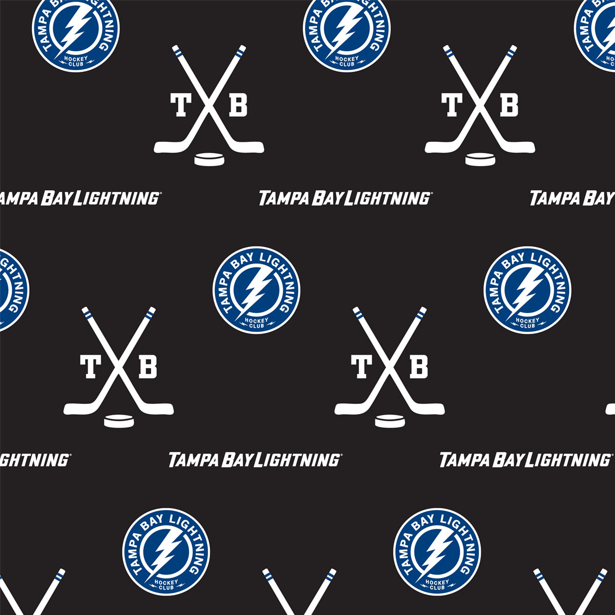 Pattern of Tampa Bay Lightning logos, crossed hockey sticks, and text on a black background.