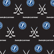 Pattern of Tampa Bay Lightning logos, crossed hockey sticks, and text on a black background.