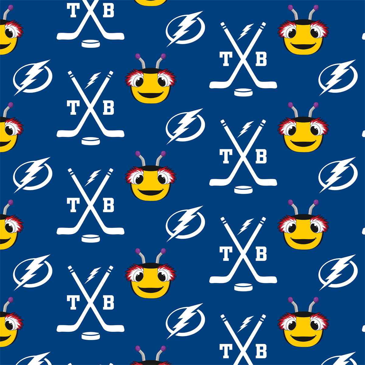 Pattern with hockey sticks, lightning bolts, and bee characters on a blue background