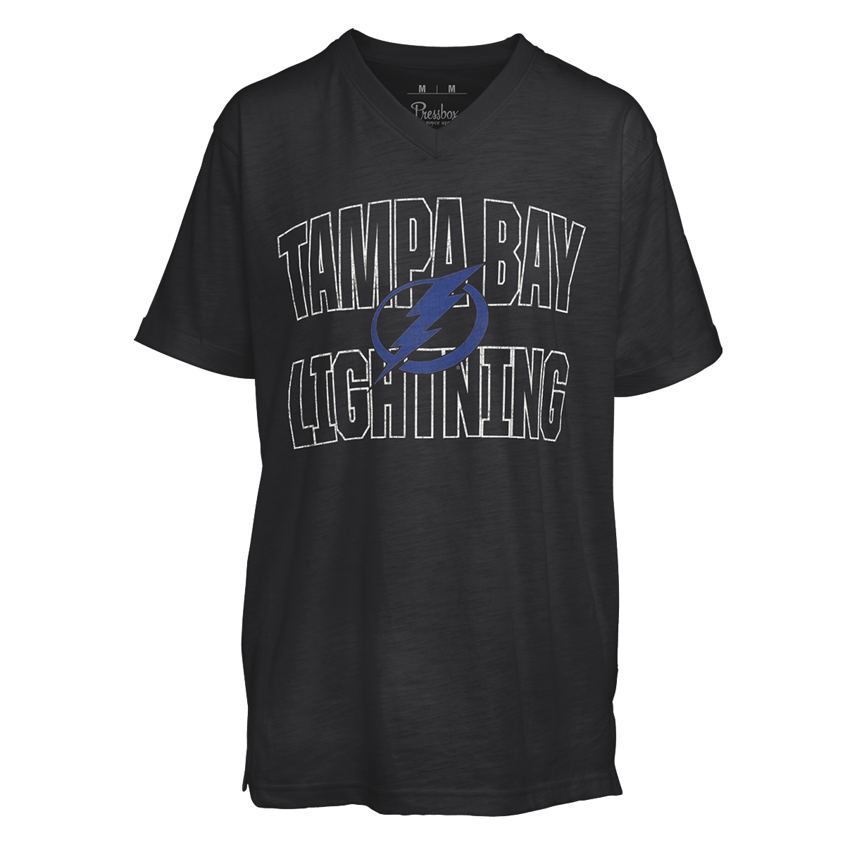 Black t-shirt with 'Tampa Bay Lightning' text and logo on a white background