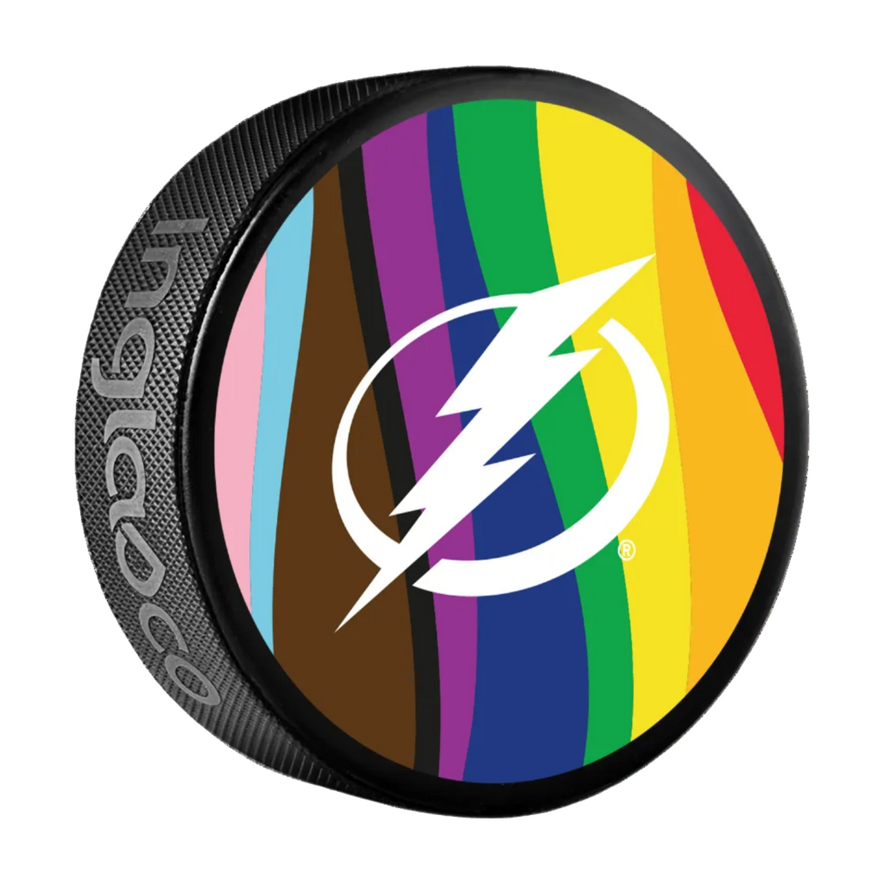Hockey puck with rainbow pattern and logo on a white background