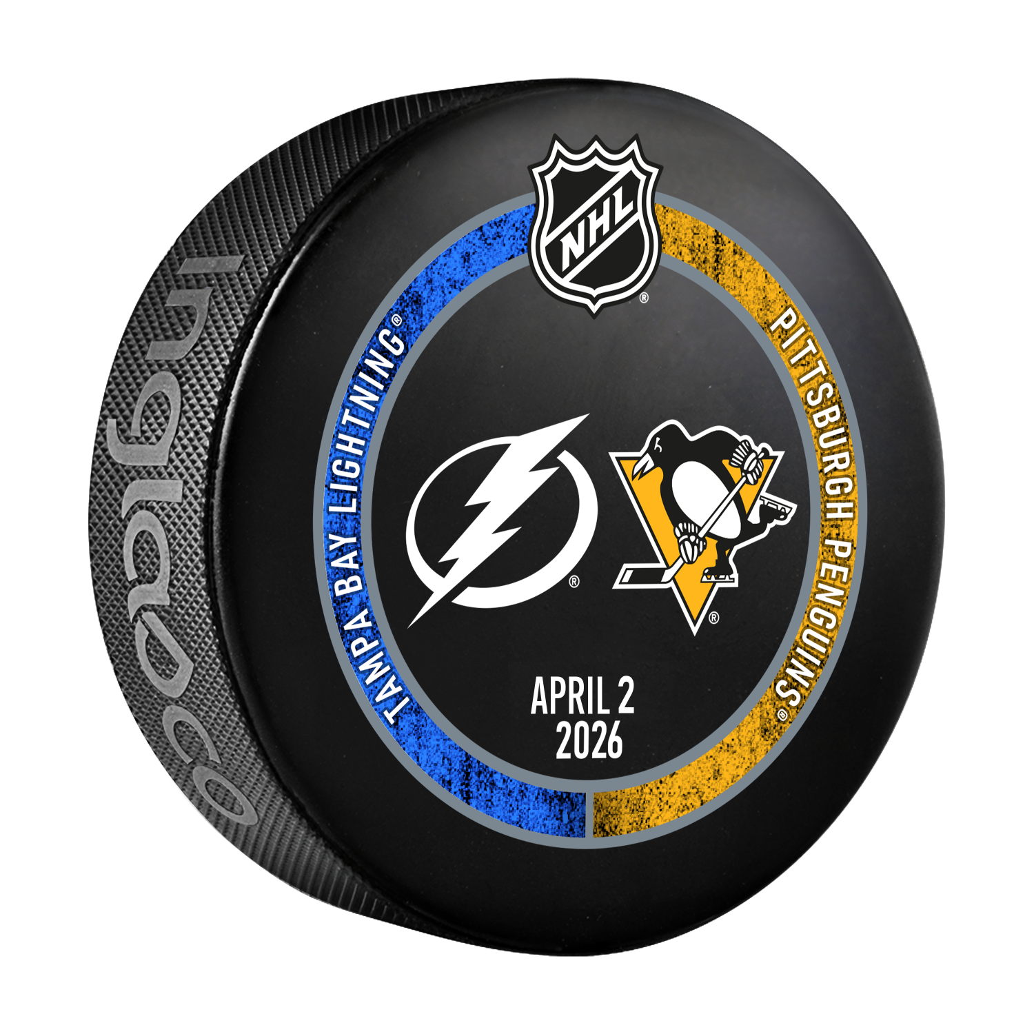 Hockey puck with NHL logo and Tampa Bay Lightning and Pittsburgh Penguins logos on a black background
