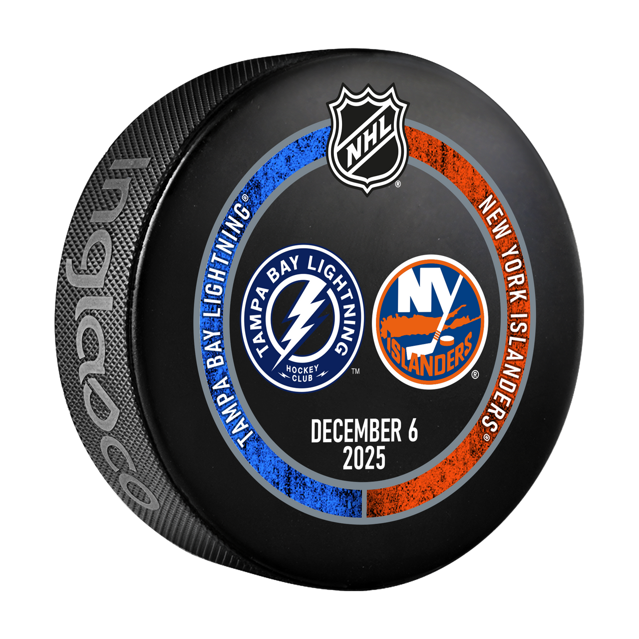 Tampa Bay Lightning 2025-26 Game-used Warm-up Puck vs New York Islanders (12/6/25)