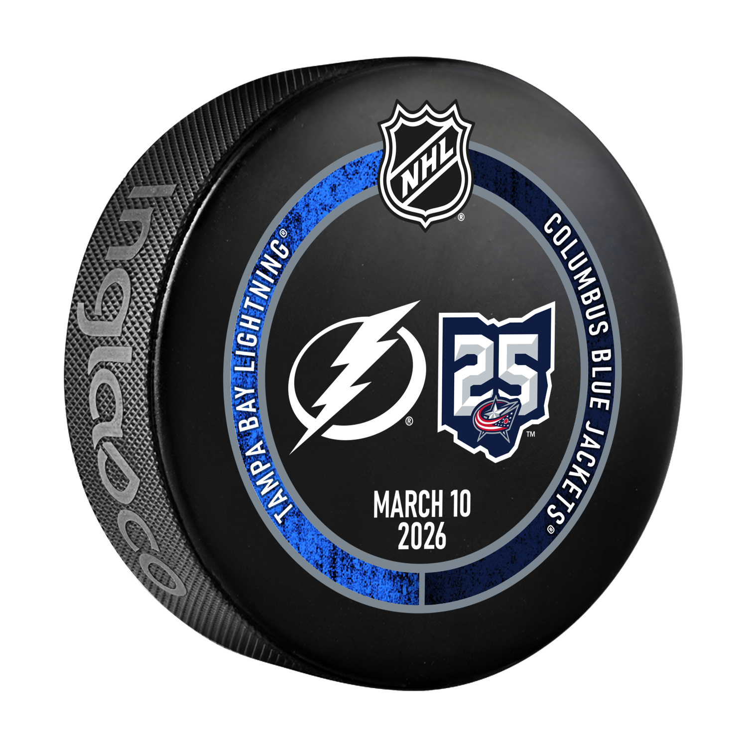 Hockey puck with NHL logo and Tampa Bay Lightning and Columbus Blue Jackets branding