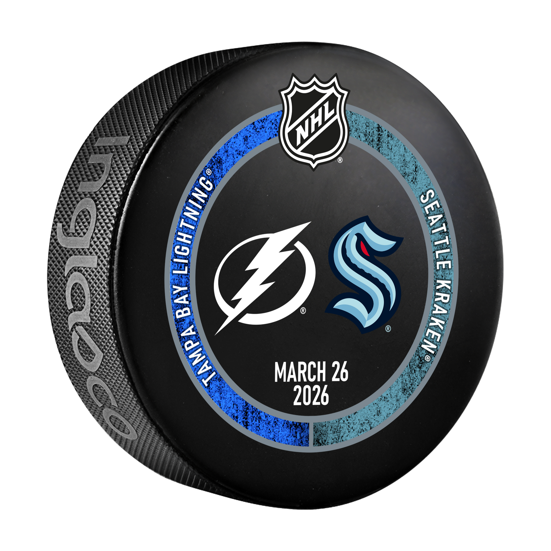 Hockey puck with NHL logo and Tampa Bay Lightning and Seattle Kraken logos on a white background