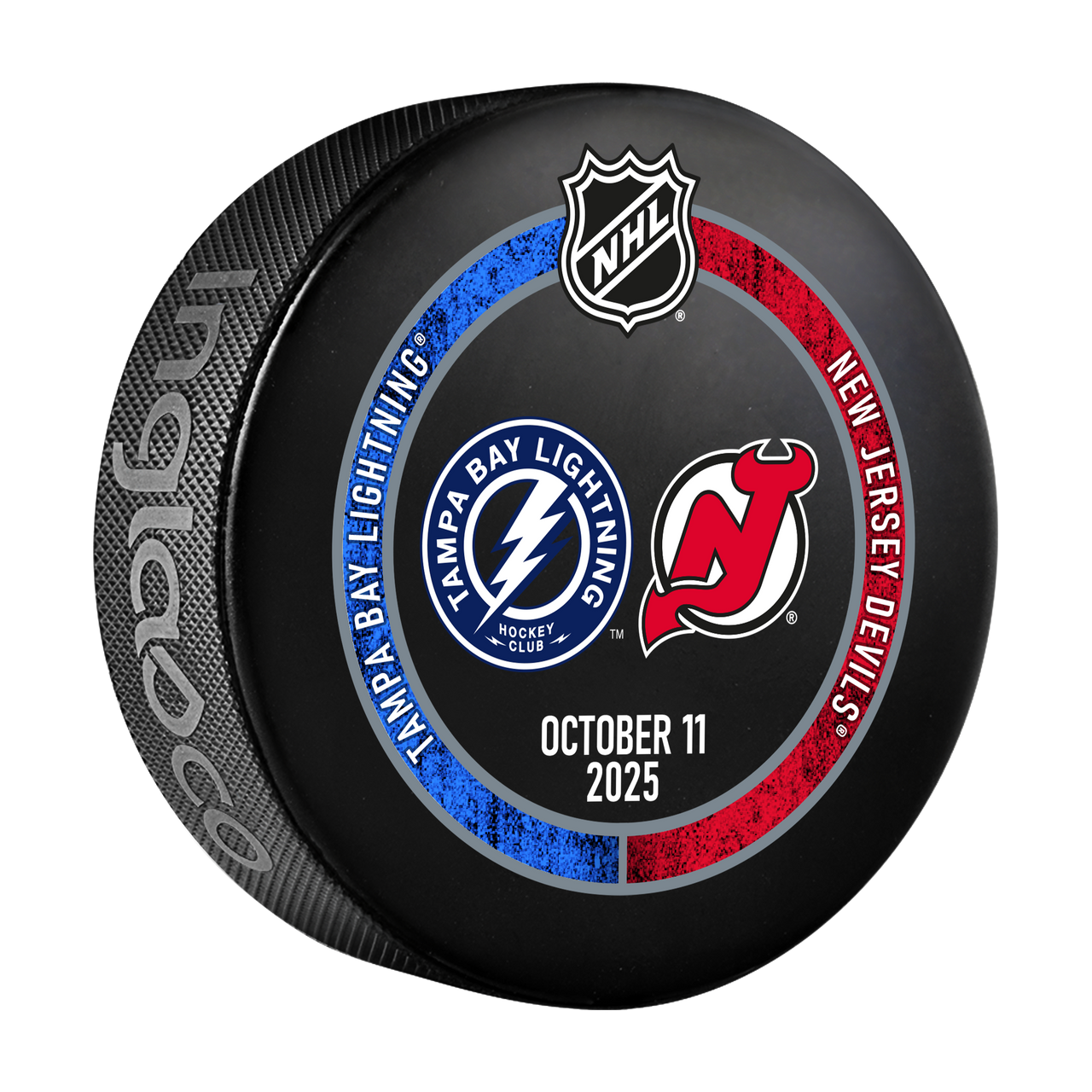 Tampa Bay Lightning 2025-26 Game-used Warm-up Puck vs New Jersey (10/11/2025)