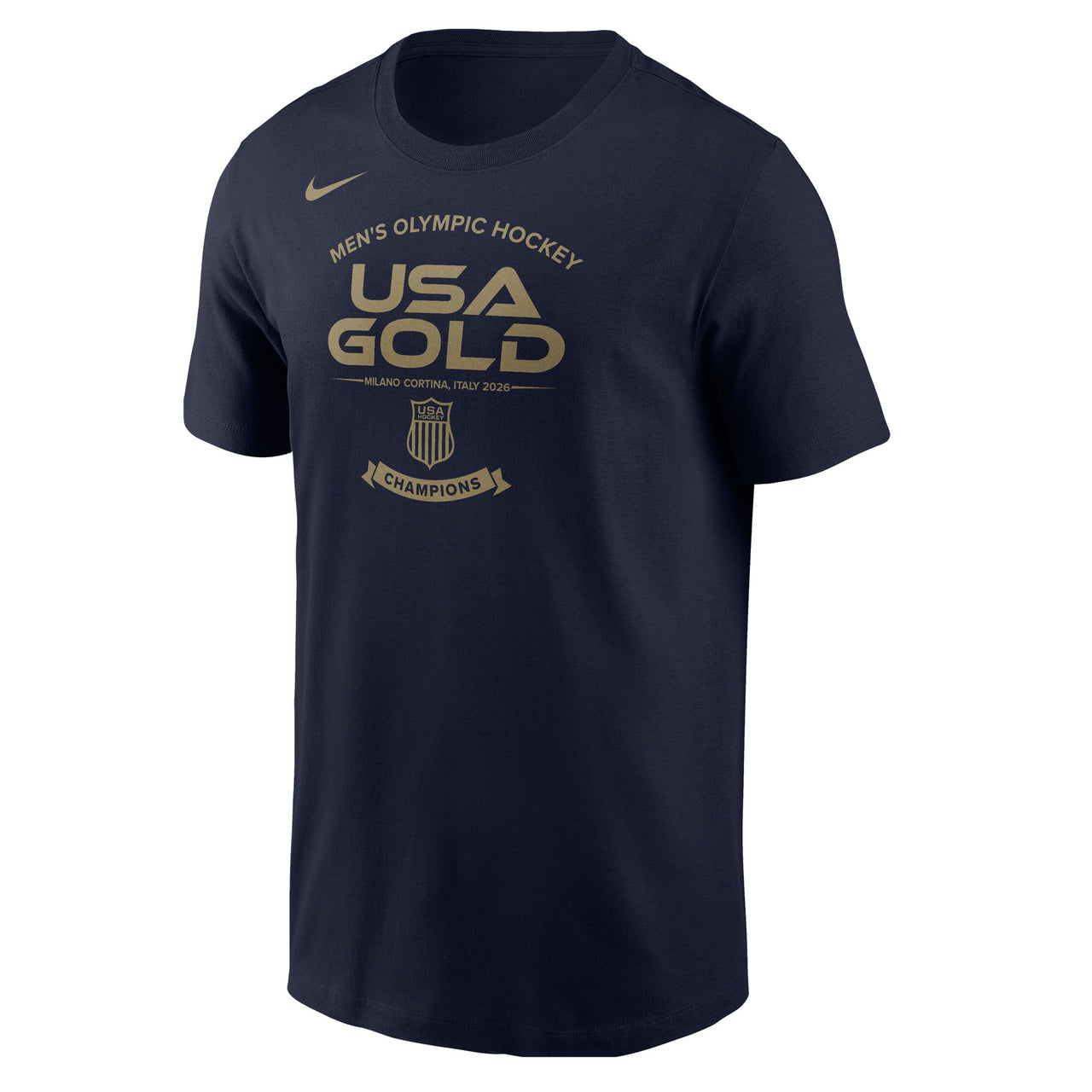 Navy blue t-shirt with gold text and Nike logo on a white background