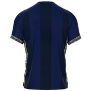 The back of a short-sleeve athletic jersey featuring vertical navy blue stripes with a subtle damask pattern, accented by gold and blue ornate patterned trim on the sleeve cuffs and side panels.