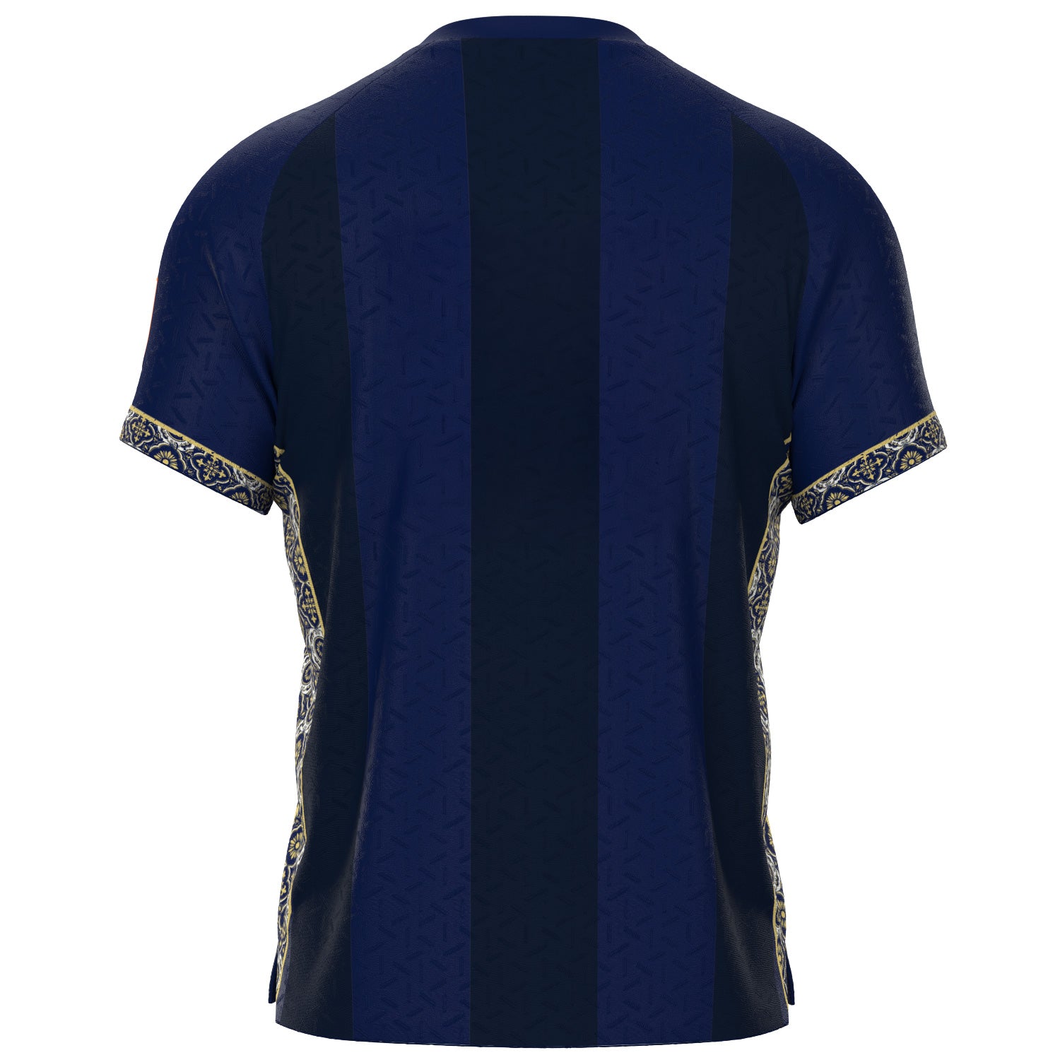 The back of a short-sleeve athletic jersey featuring vertical navy blue stripes with a subtle damask pattern, accented by gold and blue ornate patterned trim on the sleeve cuffs and side panels.