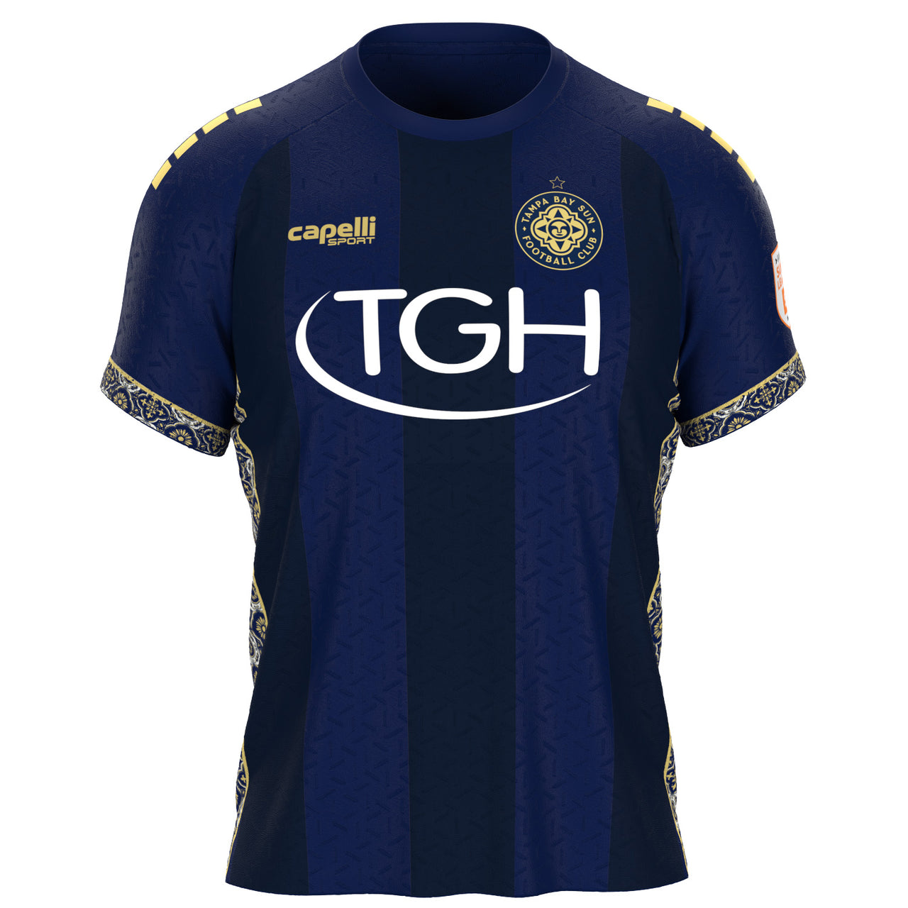 A navy blue and dark blue vertically striped soccer jersey with gold and white accents. The jersey features the 'Capelli' sponsor logo on the right chest, a circular crest for 'Tampa Bay Sun Football Club' on the left chest, and a large white 'TGH' sponsor logo across the center.