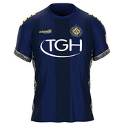 A navy blue and dark blue vertically striped soccer jersey with gold and white accents. The jersey features the 'Capelli' sponsor logo on the right chest, a circular crest for 'Tampa Bay Sun Football Club' on the left chest, and a large white 'TGH' sponsor logo across the center.