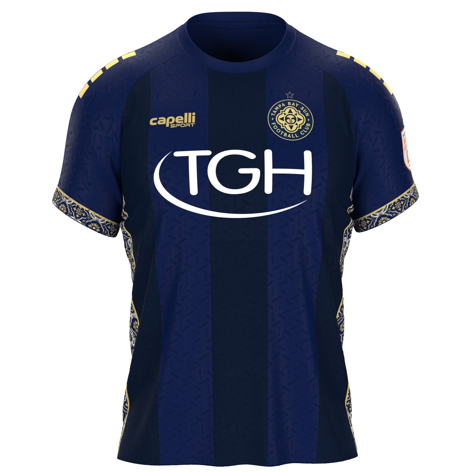 A navy blue and dark blue vertically striped soccer jersey with gold and white accents. The jersey features the 'Capelli' sponsor logo on the right chest, a circular crest for 'Tampa Bay Sun Football Club' on the left chest, and a large white 'TGH' sponsor logo across the center.