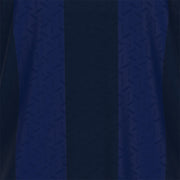 Close-up of a dark navy blue athletic fabric with vertical stripes and a subtle geometric texture.