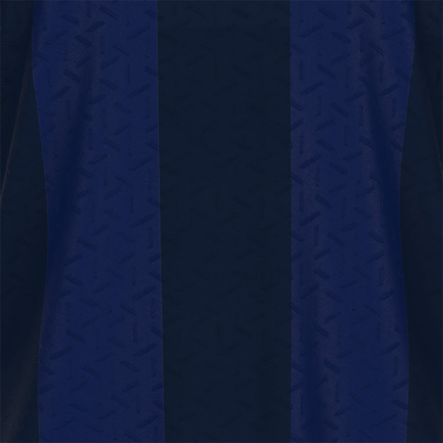 Close-up of a dark navy blue athletic fabric with vertical stripes and a subtle geometric texture.