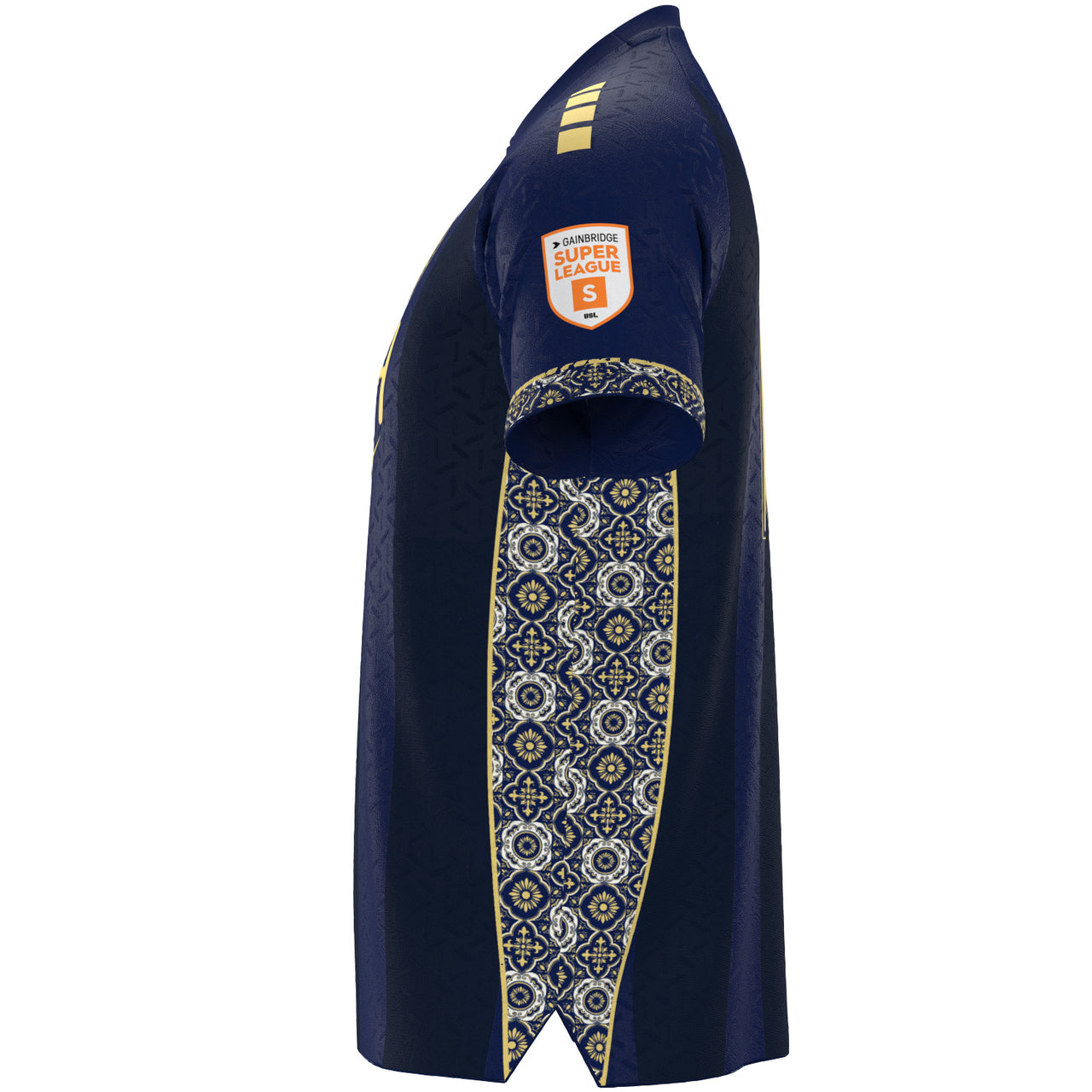 A navy blue sports jersey shown from the side profile on a white background, featuring gold stripes on the shoulder, a 'Super League' patch on the sleeve, and a decorative geometric pattern panel down the front.