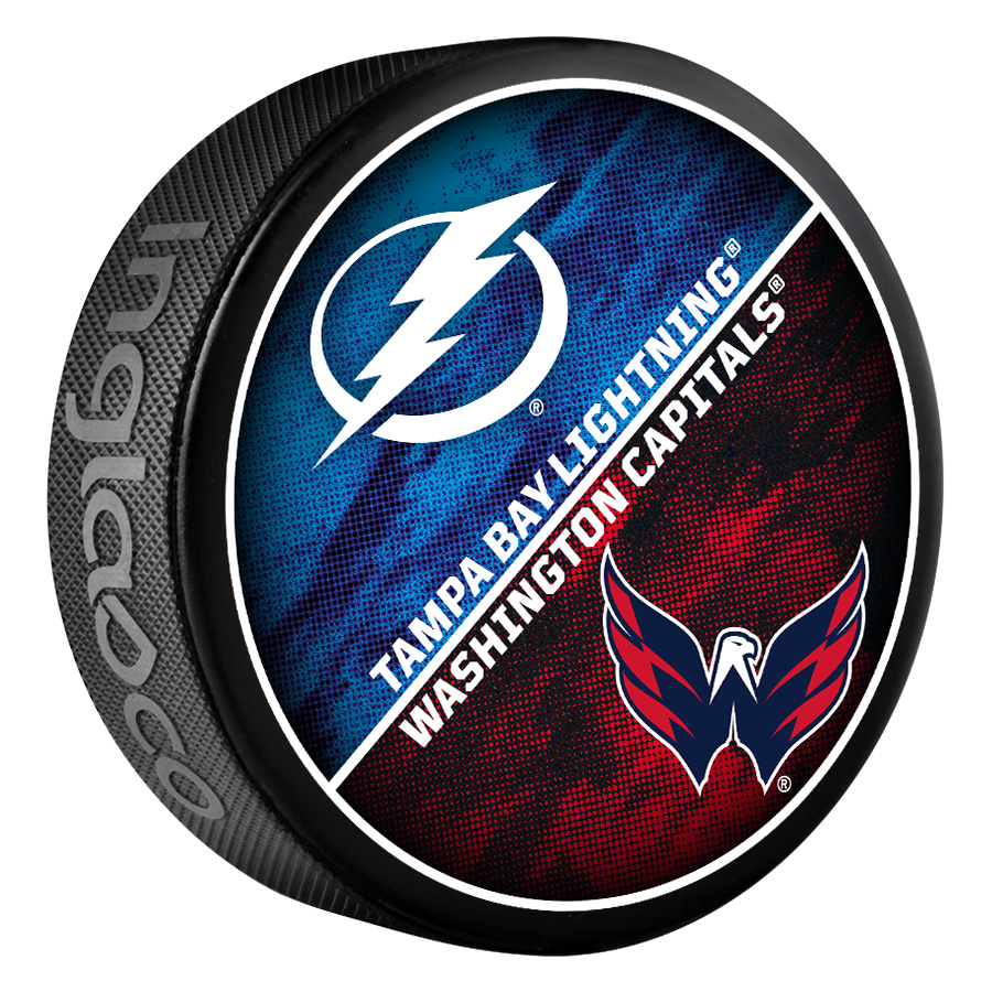 Hockey puck with Tampa Bay Lightning and Washington Capitals logos on a white background