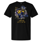 A black short-sleeve crewneck t-shirt featuring a colorful graphic of a cartoon Thunderbug mascot in a blue Tampa Bay Lightning jersey, holding a trophy, with '2026 NHL MASCOT OF THE YEAR' written below in yellow.
