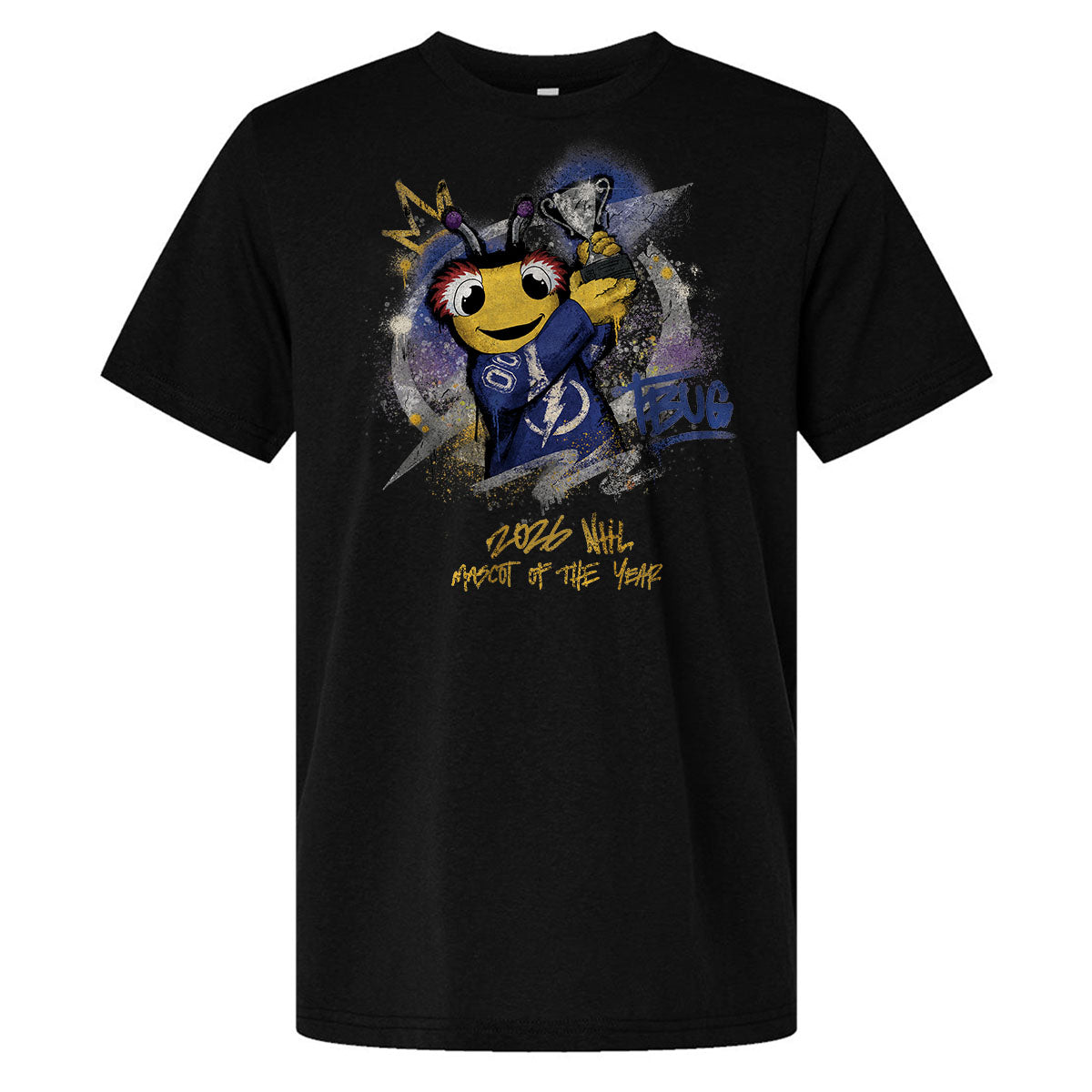 A black short-sleeve crewneck t-shirt featuring a colorful graphic of a cartoon Thunderbug mascot in a blue Tampa Bay Lightning jersey, holding a trophy, with '2026 NHL MASCOT OF THE YEAR' written below in yellow.
