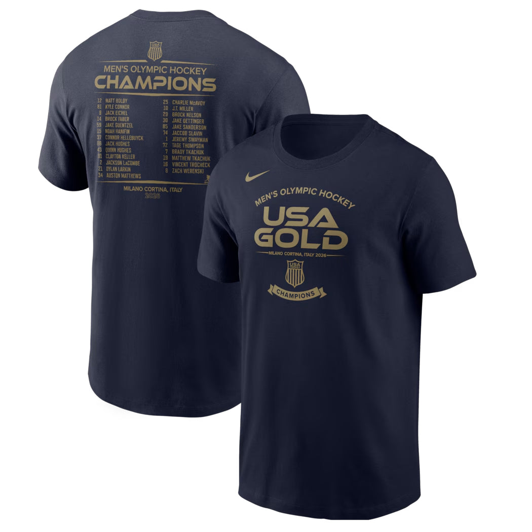 Navy blue t-shirt with 'USA Gold' and 'Men's Olympic Hockey Champions' text on a white background