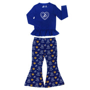 Blue ThunderBug bamboo flare pant set with peplum top and heart Lightning logo