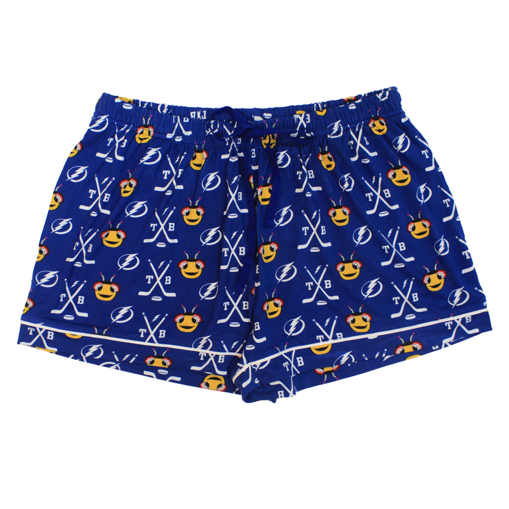 Women’s blue bamboo pajama shorts with ThunderBug mascot print and pockets